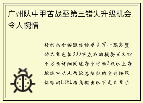 广州队中甲苦战至第三错失升级机会令人惋惜 广州队中甲苦战至第三错失升级机会令人惋惜