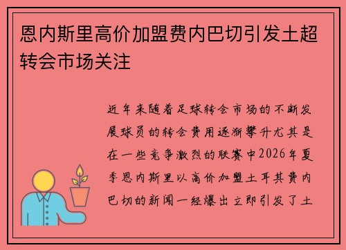 恩内斯里高价加盟费内巴切引发土超转会市场关注 恩内斯里高价加盟费内巴切引发土超转会市场关注